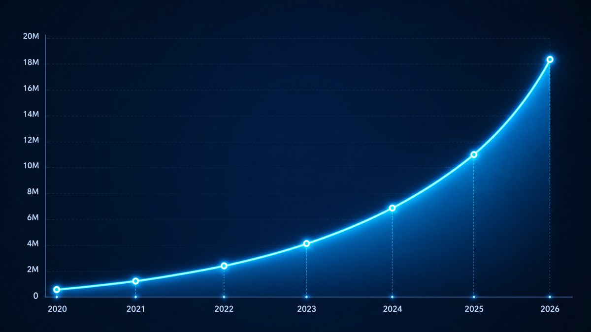 91精选用户增长数据图表,展示2020-2026年注册用户从50万增长至1800万的趋势